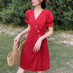 Simple retro women red summer dress!